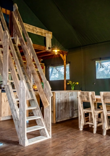 interior of glamping lodge.