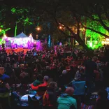 Night time photo of a festival showing people in front of a woodland stage.